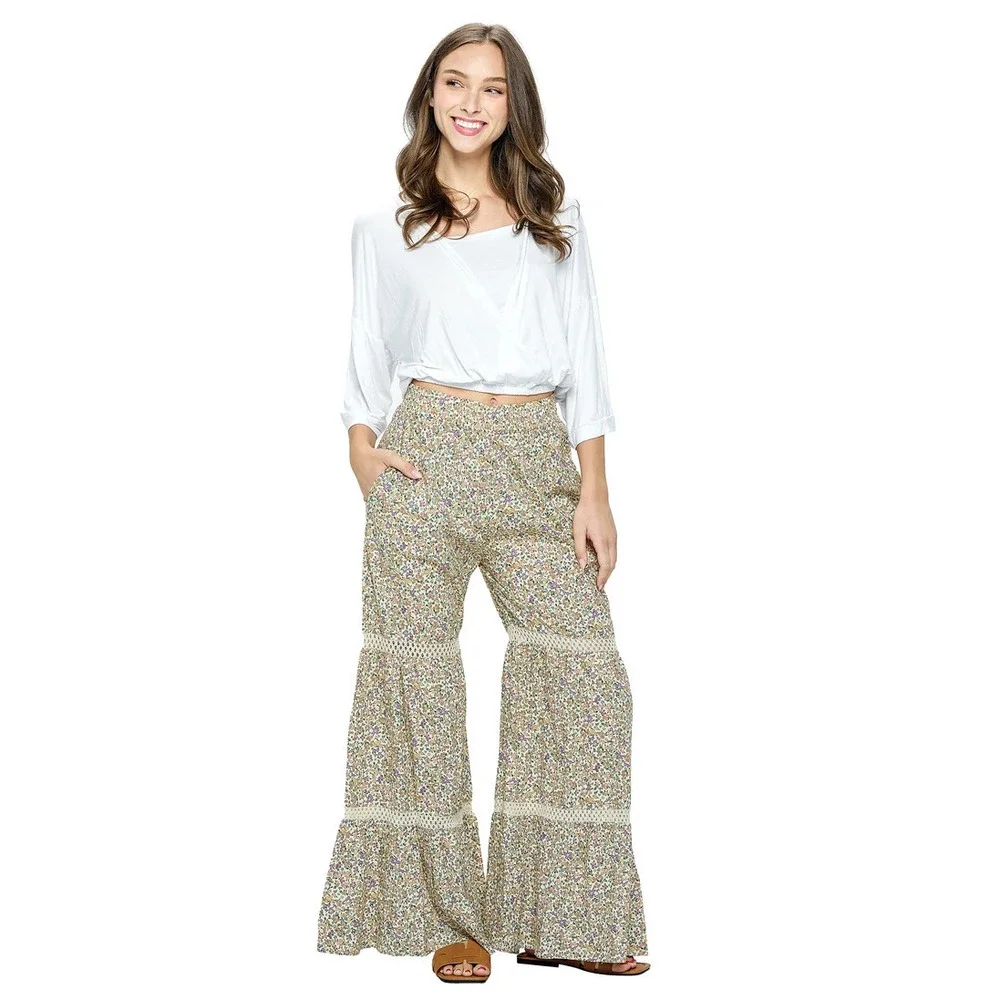 24420 BEIGE Yak & Yeti Pants Bell Bottom Lace Tiered Various Sizes